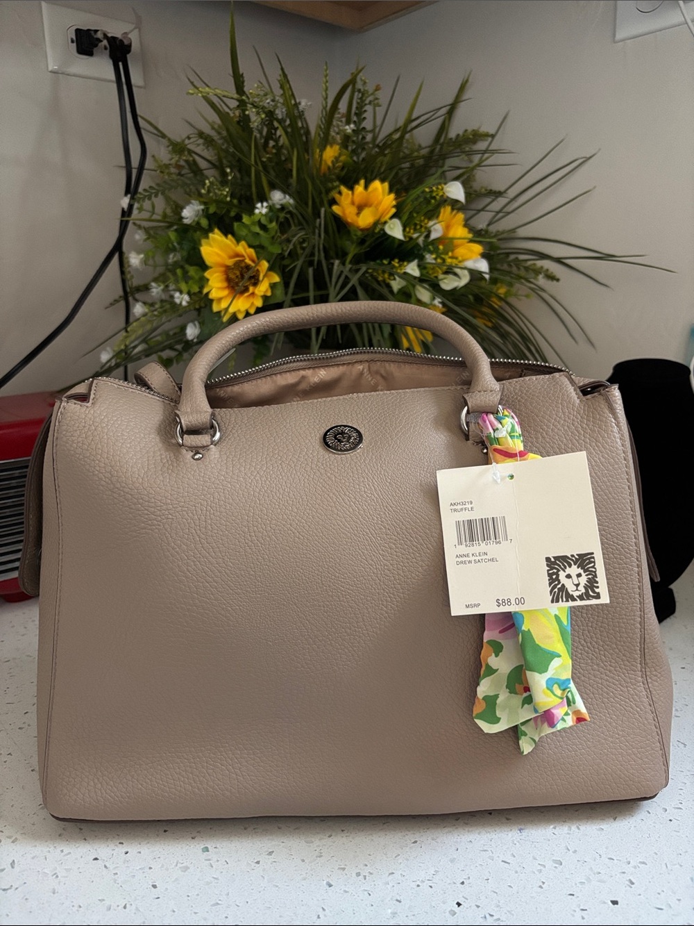 Anne Klein Truffle Color Pebbled  Satchel with Floral Scarf Accent